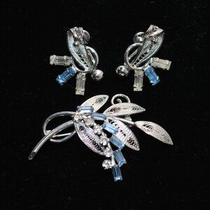 Vintage Carl Art Sterling Leaf Matching Brooch & Earring Set Rhinestones